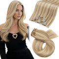 Moresoo Clip in Hair Extensions Remy Double Weft Human Hair Clip in Extensions Straight Hair Extensions for Women Dark Ash Blonde Highlight with Golden Blonde 7pcs 120g 24inch