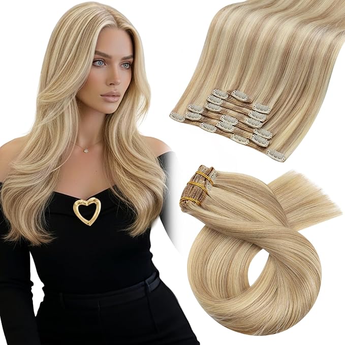 Moresoo Clip in Hair Extensions Remy Double Weft Human Hair Clip in Extensions Straight Hair Extensions for Women Dark Ash Blonde Highlight with Golden Blonde 7pcs 120g 24inch