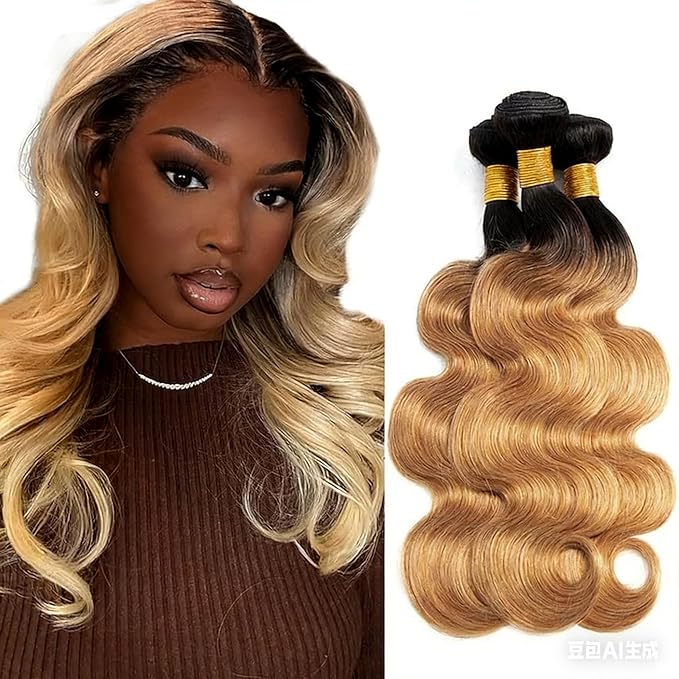 Ombre Blonde Bundles Human Hair 1B27 Body Wave Bundle Niegmeag Virgin Remy Hair 3 Bundles 22 24 26 Inch Double Weft 2 Tone Black and Honey Blonde Body Wave Bundle Hair Weave