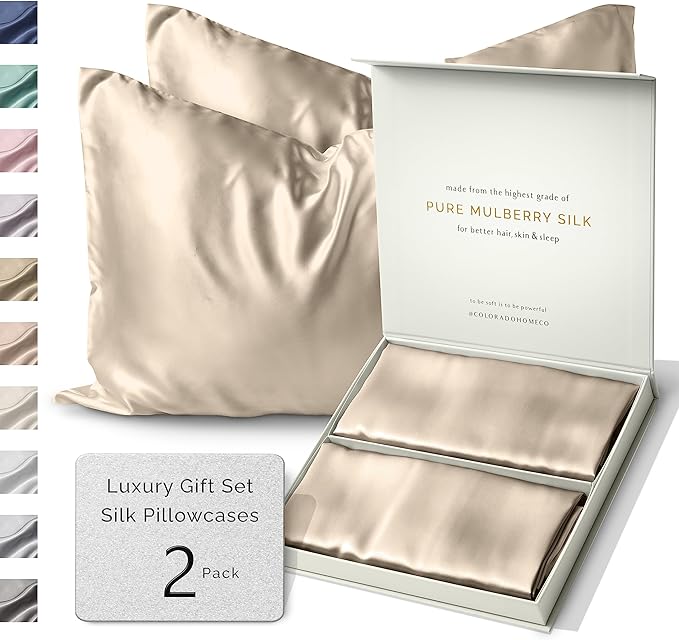 SUNDAYSILKS™ | Silk Pillow Cases 2 Pack | 22 Momme Mulberry Silk Pillowcase Set of 2 | All Sides 100% Pure Silk Slip Pillowcases Bliss for Couples, Zipper | Standard Queen, King Size, 6A [Oat Milk]