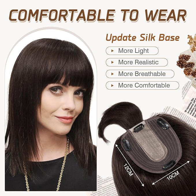 Rich Choices Real Human Hair Toppers for Women With Bang 100% Remy Human Hair Topper for Thinning Hair Clip in Silk Base Hair Topper 6 Inch #2 Dark Brown