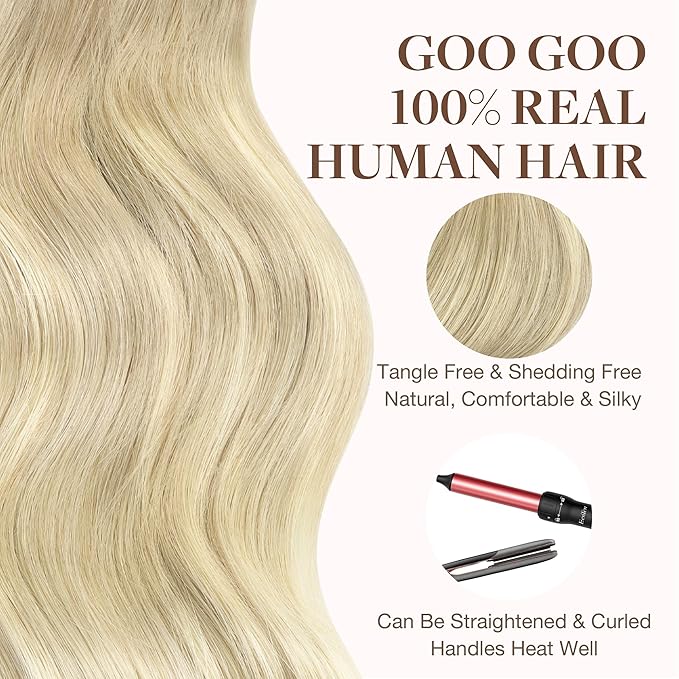 GOO GOO Tape in Hair Extensions Human Hair, 18ET90A Natural Blonde Balayage, 16inch 50g 20pcs, Skin Weft Seamless Invisible, Silky Straight with Thick Ends, Remy Human Hair