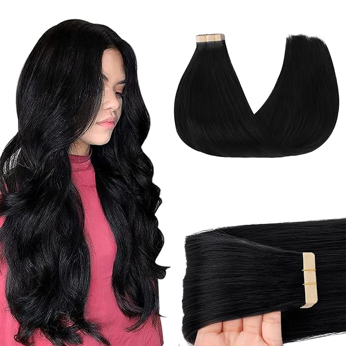 GOO GOO Tape in Hair Extensions Human Hair, 1 Jet black, 16inch 50g 20pcs, Skin Weft Seamless Invisible, Silky Straight with Thick Ends, Remy Human Hair