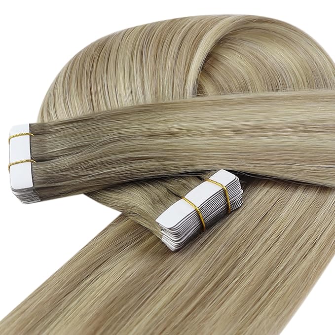 YoungSee Tape in Hair Extensions Balayage Ash Blonde Ombre Platinum Blonde Human Hair Tape in Extensions Balayage Tapes Real Hair Extension Invisible Tape-in Hair Extension for School 18In 50g 20pcs