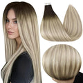 Full Shine 22 Inch Tape in Hair Extensions Color 2 Darkest Brown Fading to 18 Ash Blonde and 60 Platinum Blonde Invisible Tape in Human Hair Extensions 50G 20Pcs for Women Add Length