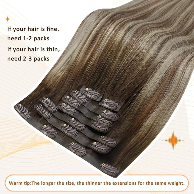Full Shine Brown Extensions clip in Balayage Brown with Blonde Seamless Hair Extension Short 12 Inch Hair Extensions Clip in Human Hair for Women 12 Inch 95 Grams 8 PCS