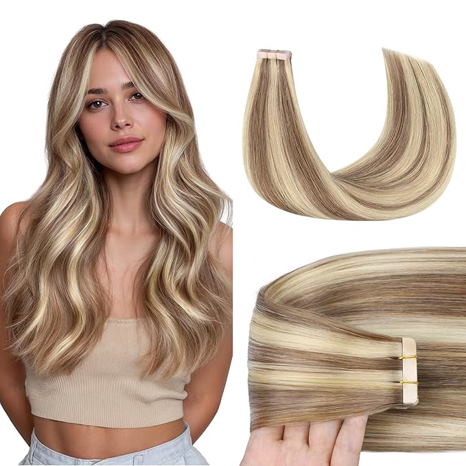 GOO GOO Tape in Hair Extensions Human Hair, 8B/60B Golden Blonde Highlights, 22inch 50g 20pcs, Skin Weft Seamless Invisible, Silky Straight with Thick Ends, Remy Human Hair