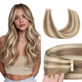 GOO GOO Tape in Hair Extensions Human Hair, 8B/60B Golden Blonde Highlights, 14inch 50g 20pcs, Skin Weft Seamless Invisible, Silky Straight with Thick Ends, Remy Human Hair