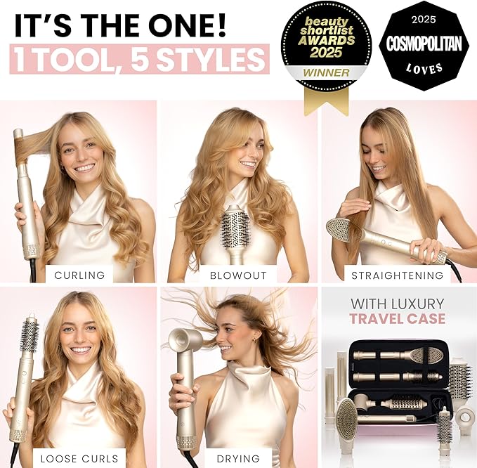 ELLA BELLA® 6 in 1 Professional Hot Air Styler • Powerful Hair Dryer & Straightener Set • Styling Without Heat Damage • Fast Drying Curling Volumizing Straightening • Includes Protective Travel Case