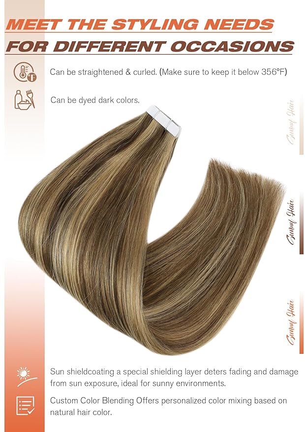 Sunny Hair Tape in Hair Extensions Real Human Hair Invisible Remy Hair Extensions Tape ins for Women Dark Brown Highlight Caramel Blonde 14 inch 20Pcs 50G