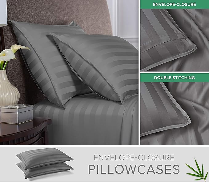 Queen Pillowcases by Pure Bamboo, Genuine 100% Organic Viscose Derived from Bamboo, Luxuriously Soft & Cooling, Double Stitching, Envelope Closure (2 Queen Pillowcases, Jacquard Stone)