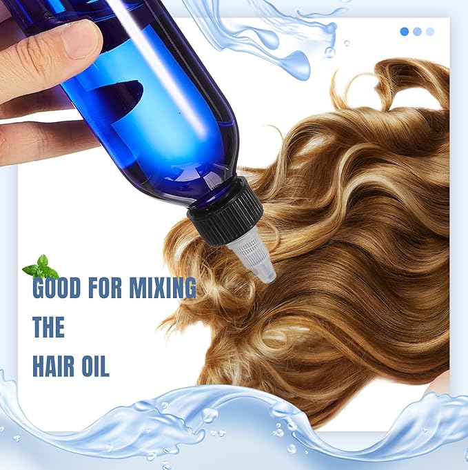 Barydat 12 Pcs Applicator Bottles for Hair, Squeeze Hair Oil Applicator Bottle Refillable Empty Plastic Bottles, Twist on Top Cap with Open Close Nozzle and 2 Funnels(8 oz,Blue)