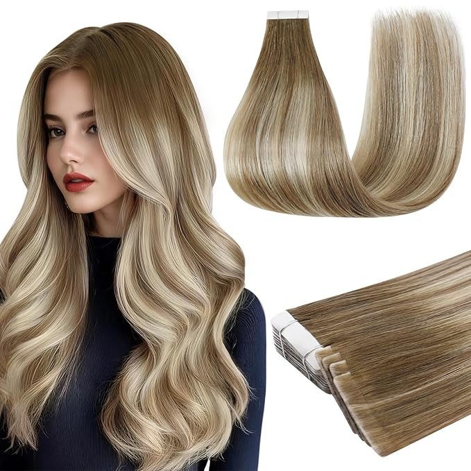 Full Shine Injected Real Human Hair Tape in Extensions Color Dark Brown 3 Fading to 8 and 22 Blonde 24 Inch Machine Remy seamless Tape in Hair Extensions 20 Pcs 50G Long Straight for Wedding