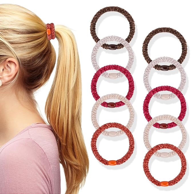 Braided Hair Ties No Damage, Soft Plush Hair Elastics, Ponytail Holders & Hair Bands for Women & Girls, Thick Hair, Stretch Wrist Bracelet Ties, Gentle All-Day Hold, Set of 10 - Ember Glow