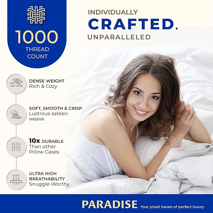 THREAD SPREAD 100% Egyptian Cotton Pillow Cases - 1000 Thread Count Pillow Cases Queen/Standard Size Set of 2, Soft, Breathable Extra Long Staple Sateen Weave Cotton Pillow Cover for Bed - Deep Blue