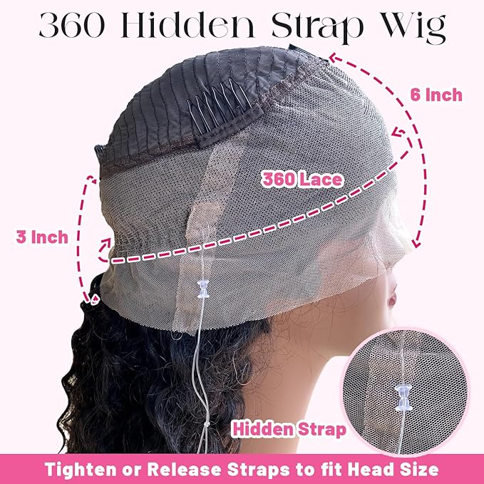 360 Glueless Drawstring Wig Human Hair 26 Inch Pre Plucked Hidden Strap 360 Water Wave Lace Front Wigs,180% Density Curly Wet and Wavy HD Full 360 Lace Frontal Human Hair Wig