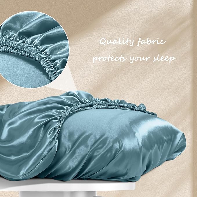Manyshofu Satin Pillowcases for Hair Protection - 2Pcs Blue Pillow Cases, Elastic Band Standard & Queen Satin Pillowcases Luxury Silky Pillow Cases Travel Pillow Covers