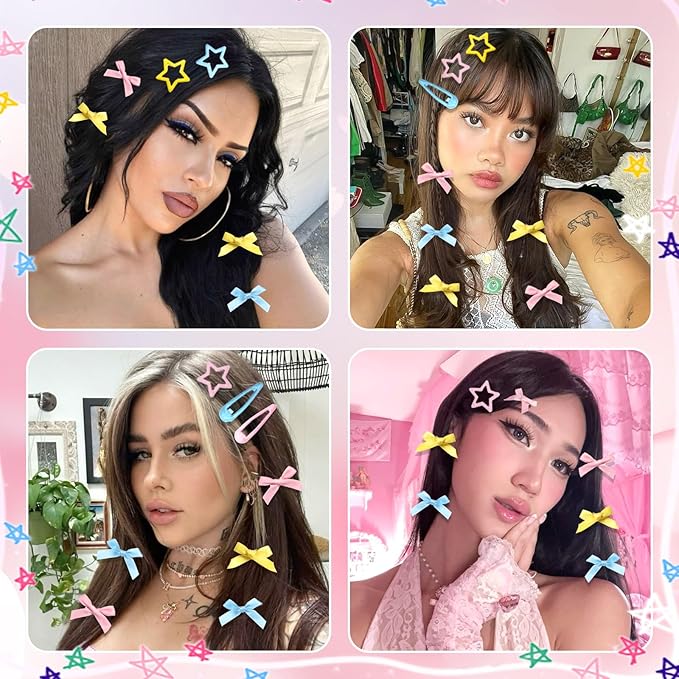 36Pcs Pink Mini Hair Bows Blue Water Drop No Slip Hair Clips Star Snap Hair Barrettes for Women Yellow Small Bows for Hair Star Bowknot Hair Accessories for Teens Girls