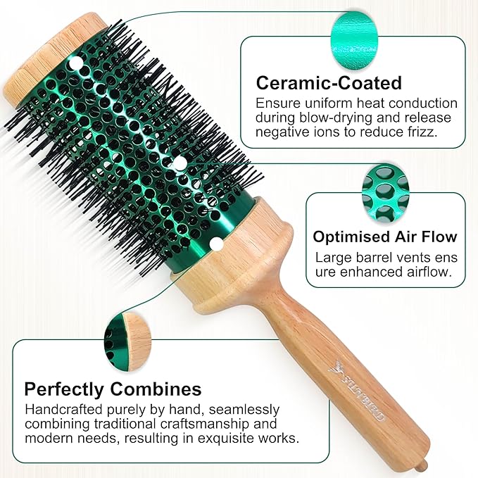 SUNBIRD Round Brush for Blow Drying - Wood Handle Professional Blowout Brush with Aluminium Ceramic Ionic Thermal Barrel for Smooth Hair, Volume & Heat Wave Curly Styling (Outer Diameter2.75Inch)