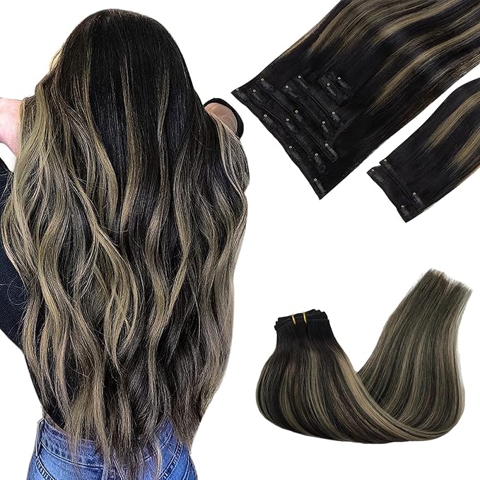 GOO GOO Clip in Hair Extensions Real Human Hair, Remy Human Hair Extensions Clip ins for Women, Natural Human Hair, 16inch 150g 9Pcs, 1B/16/1B Balayage Natural Black to Light Blonde