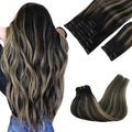 GOO GOO Clip in Hair Extensions Real Human Hair, Remy Human Hair Extensions Clip ins for Women, Natural Human Hair, 14inch 150g 9Pcs, 1B/16/1B Balayage Natural Black to Light Blonde
