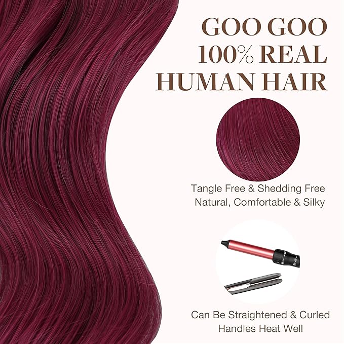 GOO GOO Tape in Hair Extensions Human Hair, Burgundy, 26inch 60g 20pcs, Skin Weft Seamless Invisible, Silky Straight with Thick Ends, Remy Human Hair
