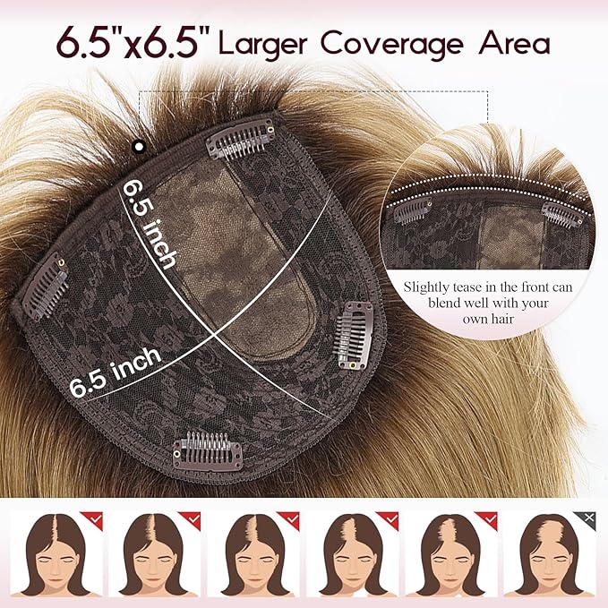 EMMOR 12 Inch Human Hair Topper for Women - Real Hair Topper with Bangs & 6.5" × 6.5" Larger Base, Natural Thin Hair Solution for Women(Ombre Light Brown)