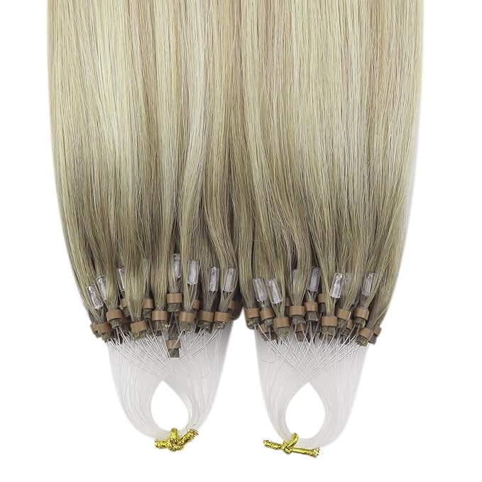YoungSee Micro Link Hair Extensions Human Hair Ombre Blonde Micro Bead Hair Extensions Blonde to Platinum Blond Beaded Hair Extension Real Human Hair Balayage Remy Hair for School 14In 50s/50g