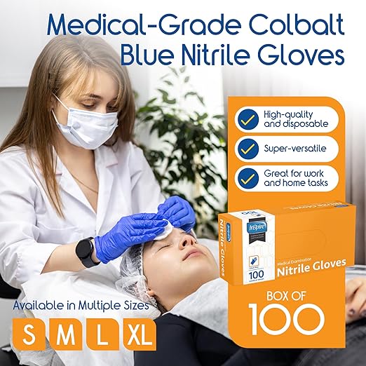 Inspire Black Nitrile Disposable Gloves | 4.5 Nitrile Safety Medical Exam Cooking Cleaning Disposable Black Gloves (Blue - Box of 100, Small)