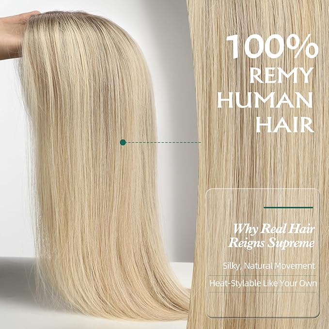 Full Hand Tied Hair Toppers for Women Remy Human Hair Lace Front Topper 14 Inch 6"×6" Partial wig Cover Thinning Hair or Loss No Bangs Top Hair Pieces (Blonde Mixed)