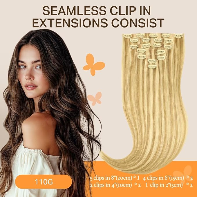 DOORES Seamless Clip in Hair Extensions, Real Human Hair, DirtyBlonde Highlight Golden Blonde 16 Inch 110g 7pcs, Invisible PU Weft Hair Invisi Edge Hair Extensions