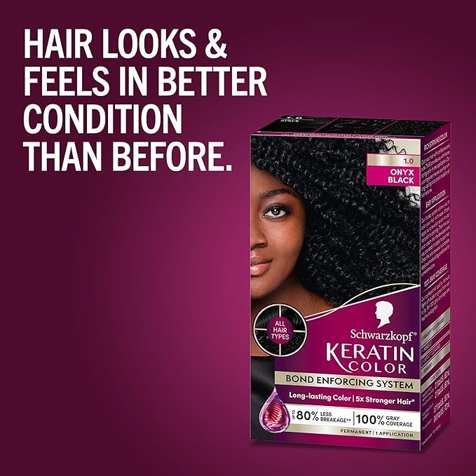 Schwarzkopf Keratin Permanent Hair Dye Cream, 1.0 Black Onyx, Professional Quality Color for Up to 100% Gray Coverage, Bond Enforcing System