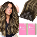 YoungSee Balayage Clip in Hair Extensions Human Hair 12inch Clip on Hair Extensions Dark Brown with Caramel Blonde Balayage Human Hair Clip in Extension for Short Hair Brown Hair Extension 7pcs 80g