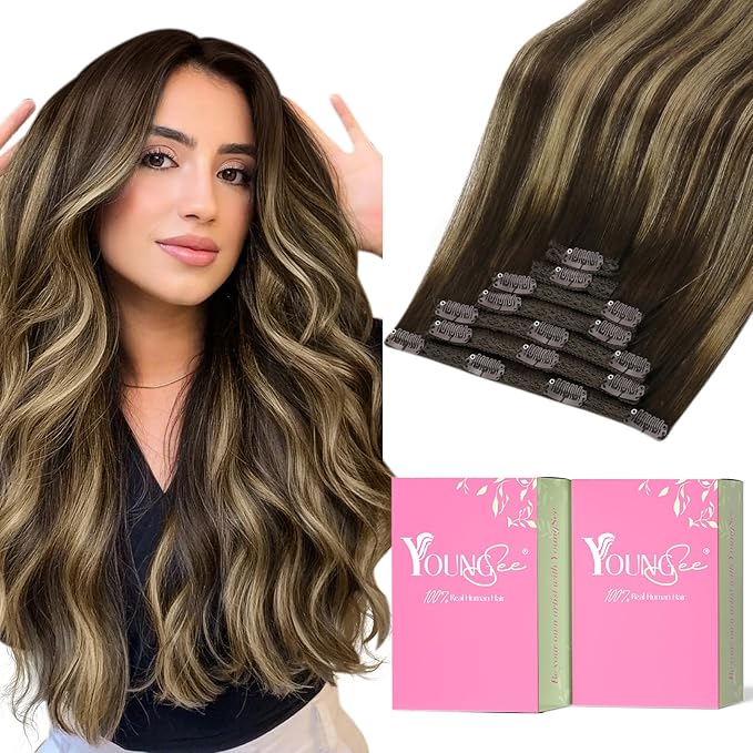 YoungSee Clip in Hair Extensions Real Human Hair Balayage Brown Hair Extensions Clip ins Balayage Chocolate Brown Mix Caramel Blonde Clip on Hair Extension Human Hair Silky Straight 120G 18Inch