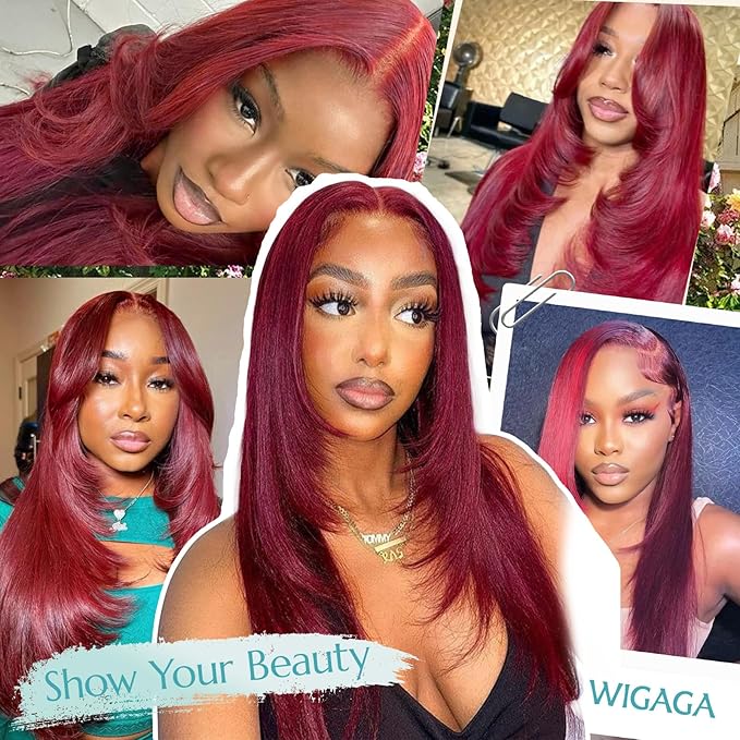 Burgundy 99j Synthetic Lace Front Wig 13x4 Layered Hairstyle Glueless Pre Plucked Straight 26 Inch for Wigs Black Women Beginner Friendly