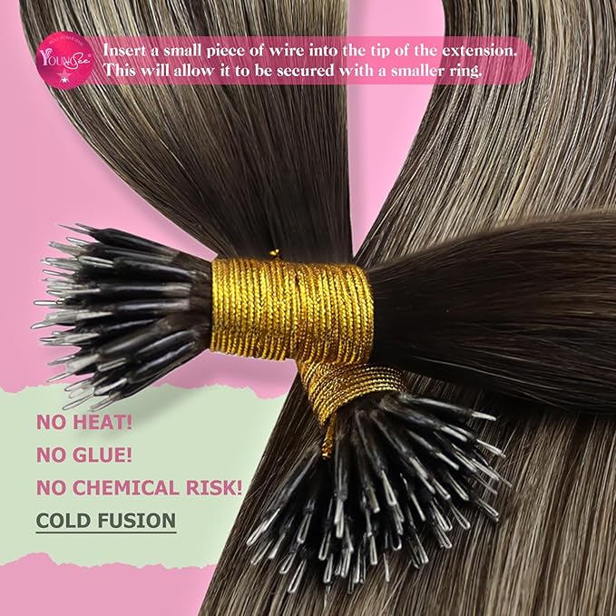 YoungSee 24 inch Nano Beads Hair Extensions Balayage Dark Brown with Ash Blonde Invisible Nano Hair Extensions Human Hair Long Straight Nano Rings Human Hair Extension Balayage Cold Fusion 1g/s 50g