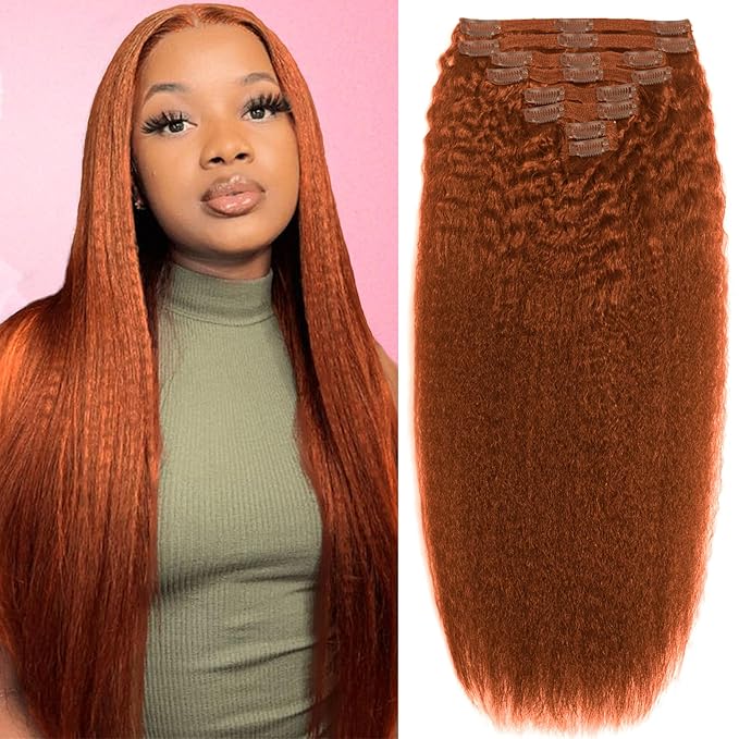 Kinky Straight Clip in Hair Extensions Human Hair Clip in Extensions 8Pcs 125g Double Weft Copper Hair Extensions Human Hair Full Head Invisible Edge Extensions（#350 24inch）