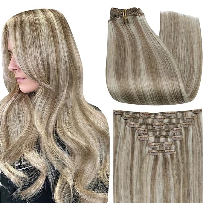 Full Shine Blonde Hair Extensions Clip in 12 Inch, Ash Brown Highlight Blonde Clip In Hair Extensions Real Human Hair for Thin Hair Add Thickness Straight 7 Pcs 95g
