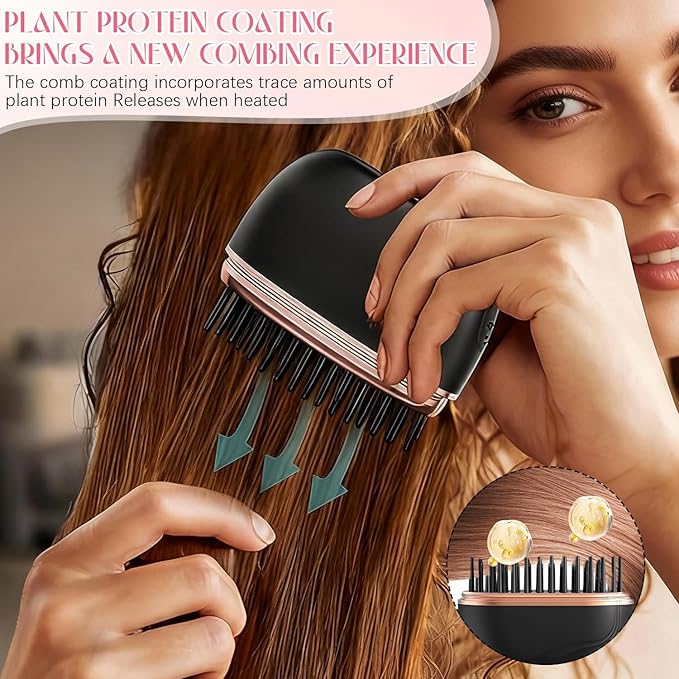 Mini Hair Straightener Brush, Wireless Rechargeable, 3-Speed Temperature Control, Portable for Home and Travel, Black (Black)