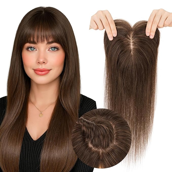 Real Human Hair Toppers for Women 3.54"*4.72" Silky Base 150% Density With Bangs Adjustable Parting Clip-In Topper Hairpieces for Women with Thinning Hair 14 Inches Dark Brown