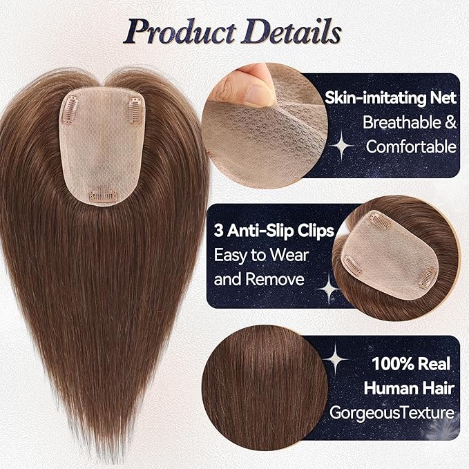 starluck Human Hair Toppers for Women Real Human Hair With Bangs 4 * 5.5 inch Base 12 inch SilkHug Hair Topper for Women Cover Grey Roots(Medium Brown)