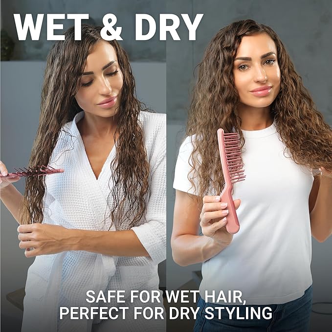 Janeke J-Brush Detangling Comb for Curly and Wavy Hair – Wide Tooth J-Shape Brush for Wet and Dry Use – Anti-Frizz, Lightweight and Gentle on Scalp – Made in Italy Professional Styling Tool (Pink)