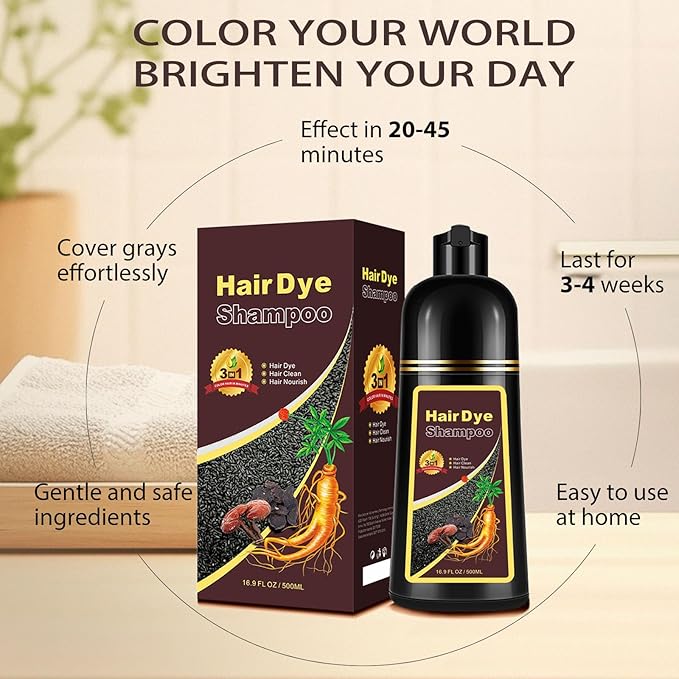Hair Dye Shampoo 3 in 1, Long-Lasting Gray Coverage, Hair Color Shampoo with Herbal Ingredients, Easy Application for Women Men 16.9 Fl Oz (Black Tea)