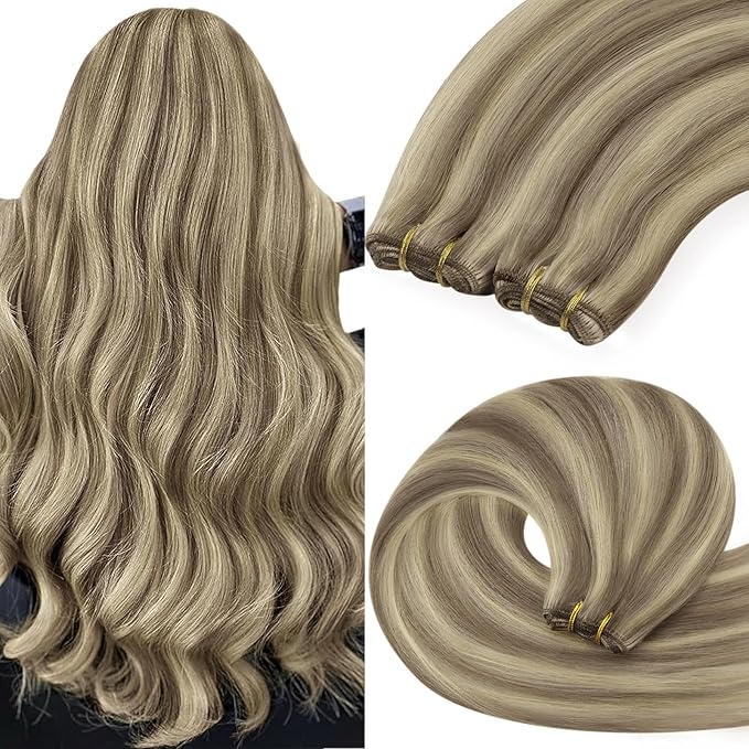YoungSee Weft Hair Extensions Human Hair Highlight Hair Extensions Sew in Light Brown with Blonde Highlight Weft Extensions Soft Remy Hair 16Inch 100G