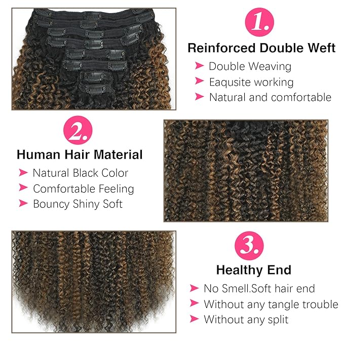 3c 4a Curly Clip in Hair Extensions T1BP1B/30 Omber Kinky Curly Clip ins For Women Brazilian Virgin Clip on Hair (24inch,T1BP1B/30)