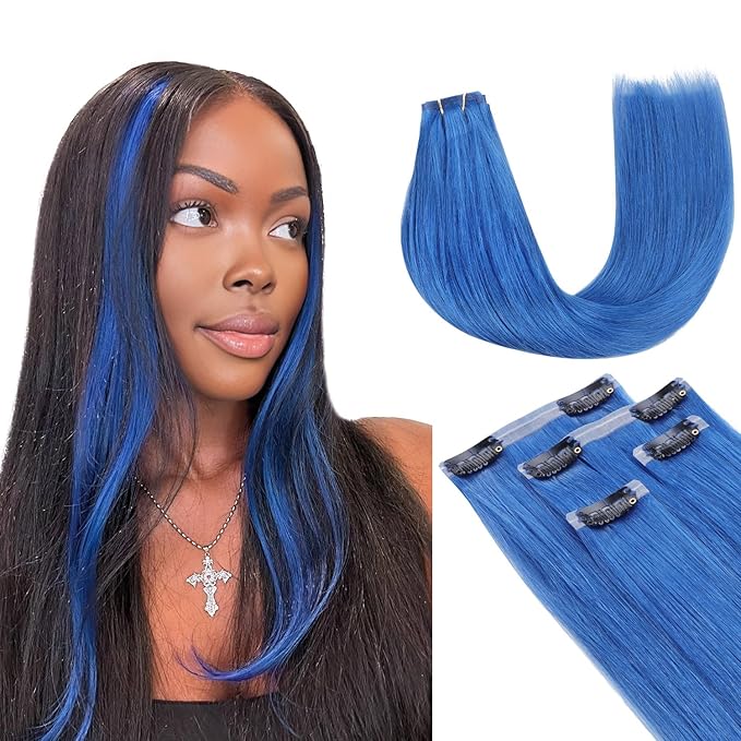 Lashey Seamless Clip in Hair Extensions Human Hair 58g 4pcs Blue Clip in Hair Extensions Real Human Hair with Invisi Edge 24 Inch Long Straight