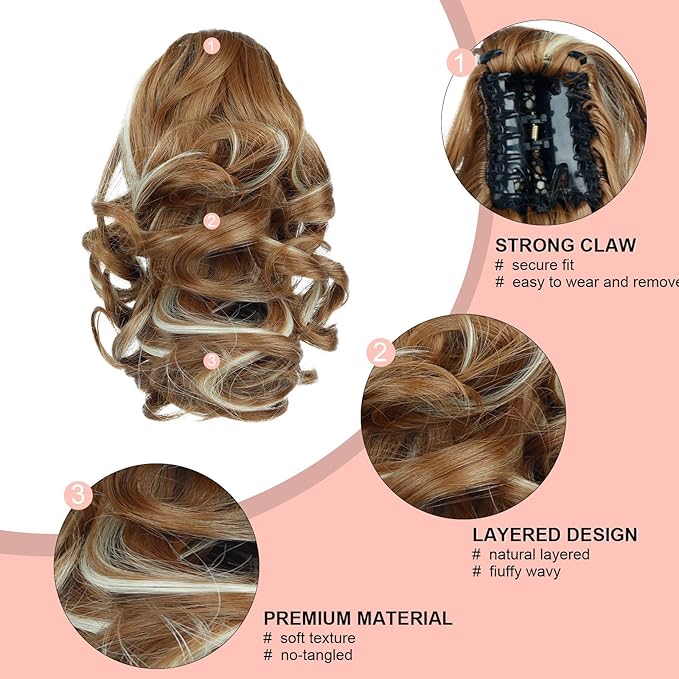 Ponytail Extension, Clip on Ponytails for Women, 9" Claw Clip in Short Curly Wavy Pony Hair Extension for Women - Medium Blonde with Blonde Highlights