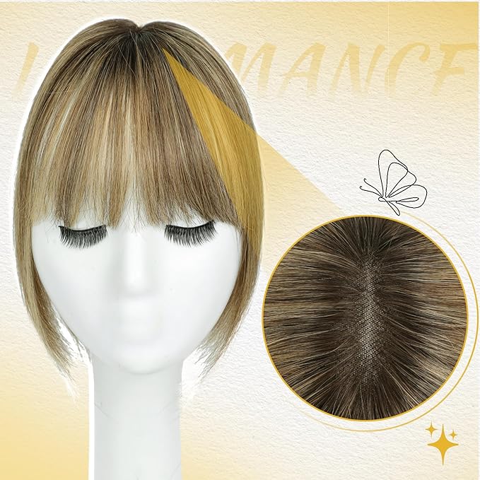 Hair Toppers with Thinning Hairs 100% Real Human Hair Toppers for Women 3D Cover Clip in Bangs 10inch Medium Brown Mix Blonde with Dark Brown Root Topper 120% Density #4T427