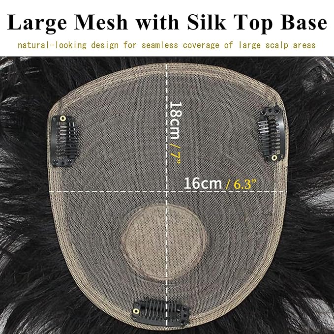 Short Human Hair Topper for Women with Hairloss,Invisible Clip in Texture Wavy Topper Hairpiece with Large Mesh 6.3x7 Ins and Silk Top Base Natural Fluffy Wiglet Hairpiece Natural Black