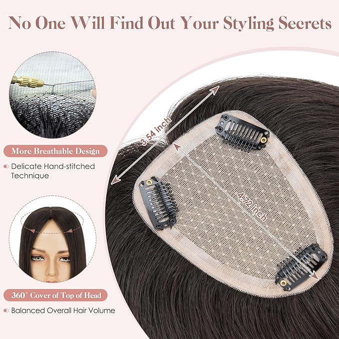 Hairro Human Hair Toppers Free Parted, 3.5x4.7" Base Hand-wovened 100% Real Hairpieces, with Invisible Clips-in for Women, for High Hairline/Adding Volume on Top, 14 Inch Light Natural Black